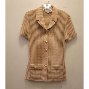 Classic Short-Sleeve Knit Button-Up Top in Beige
